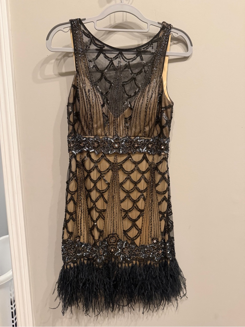 Sue Wong Black Beaded Mini Dress with Gold Lining and Feather Trim